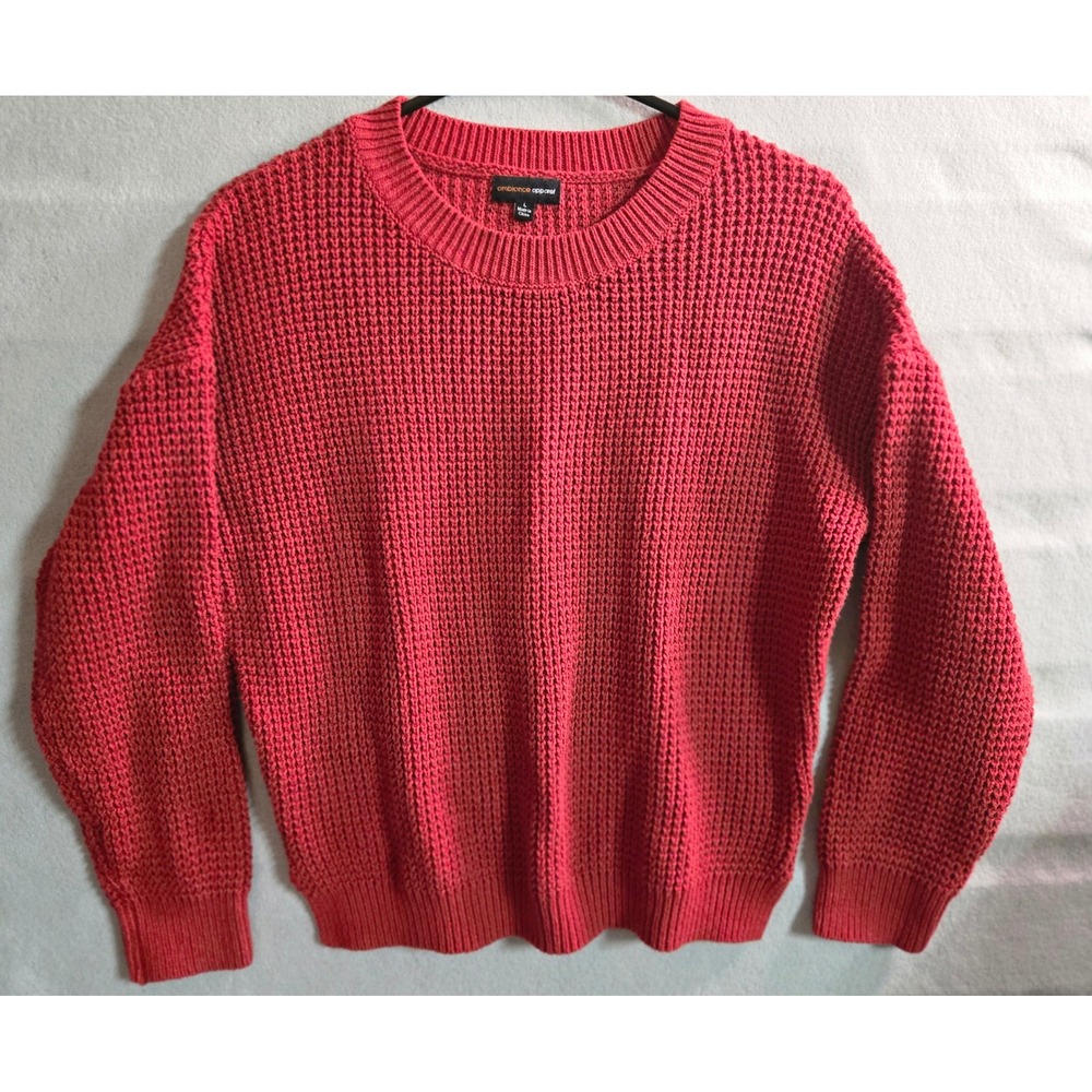 Ambiance Apparel Red Waffle Knit Crewneck Sweater‎ Large Style 65950